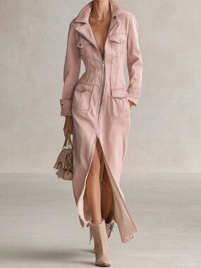 Pink Casual Women's Faux Leather Zip-Up Long Sleeve Dress